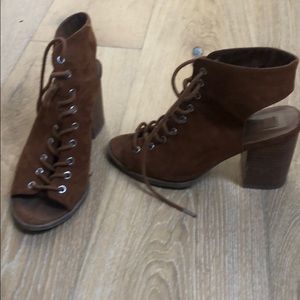 Open heel and open toe suede tie up heels